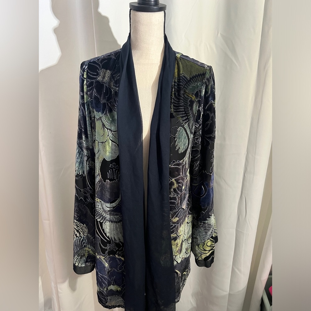 Harari Floral Bird Crane Silk and Velvet burnout jacket cardigan